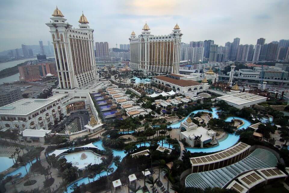 two hotel and casinos and their outside landscaping from an aerial view